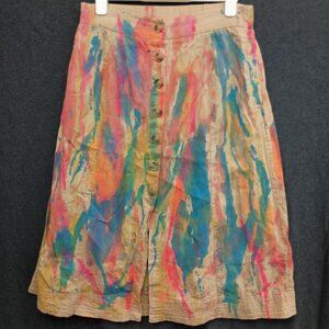 Hand Painted Skirt Linen Blend Womens M Abstract A-Line Art to Wear Upcycled